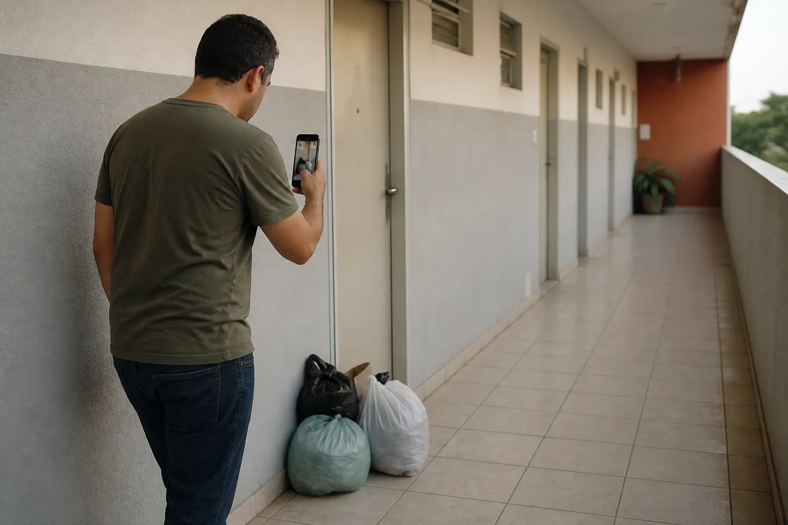 Um morador para no corredor do prédio para fotografar sacos de lixo deixados na frente da porta do vizinho.